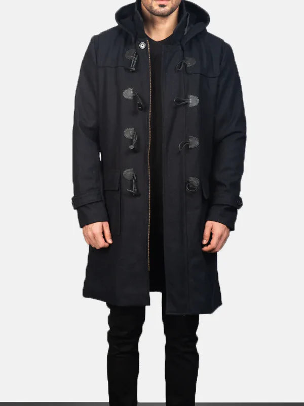 Drake Black Wool Hooded Duffle Coat