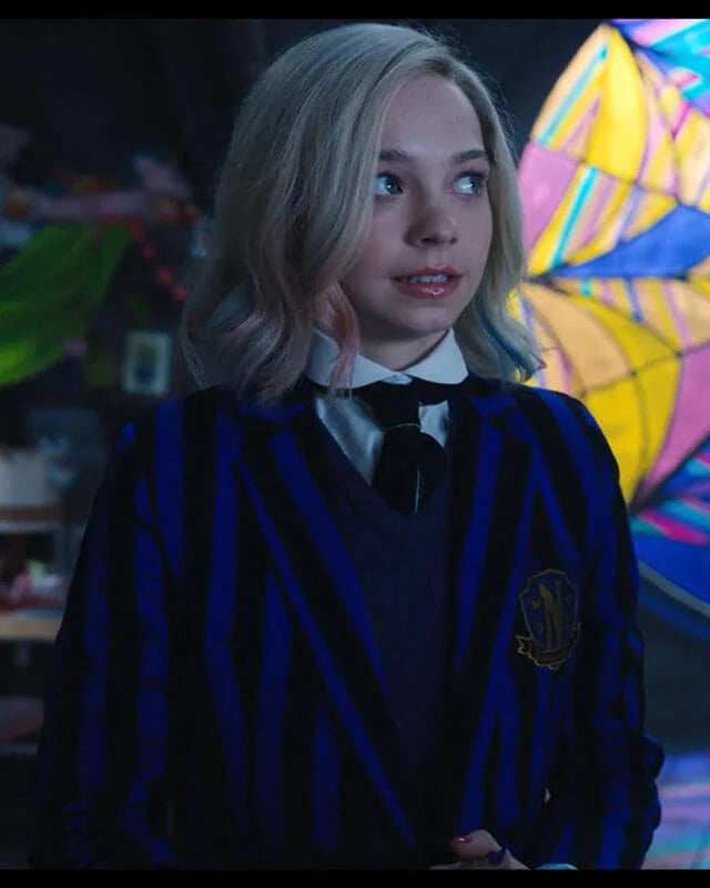 Wednesday S01 Nevermore Academy Striped Uniform Coat
