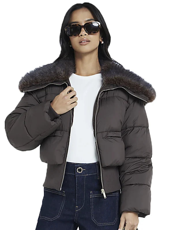 Faux Fur Trim Puffer Bomber Jacket
