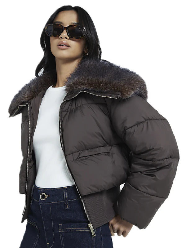 Faux Fur Trim Puffer Bomber Jacket