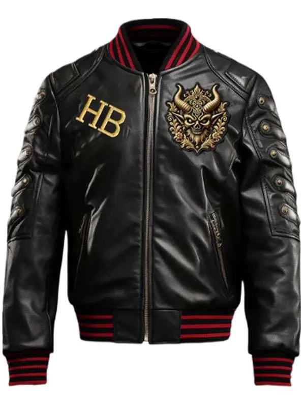 Halloween Gothic Devil Black Bomber Leather Jacket