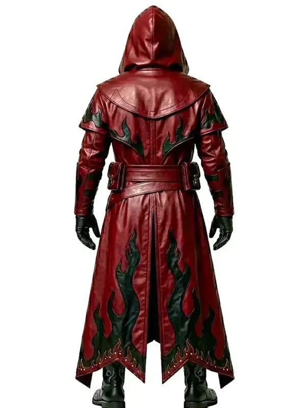 Gothic Flame Red Leather Trench Coat
