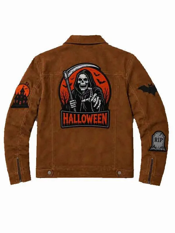 Halloween Patches Vintage Brown Suede Leather Jacket