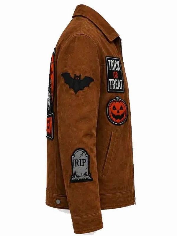 Halloween Patches Vintage Brown Suede Leather Jacket
