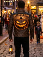 Halloween Night Premium Brown Leather Jacket - Print