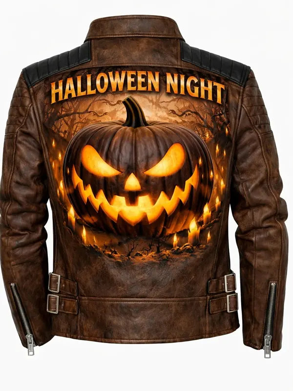 Halloween Night Premium Brown Leather Jacket - Print