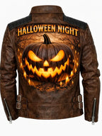 Halloween Night Premium Brown Leather Jacket - Print