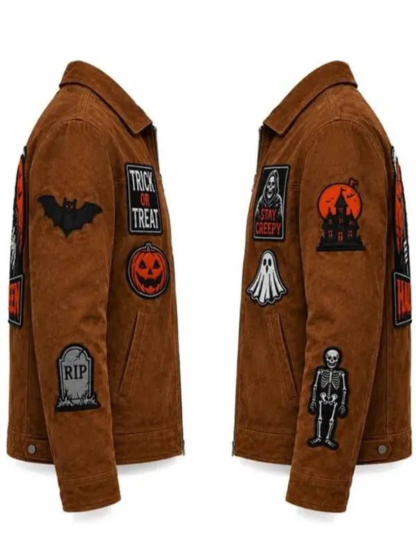 Halloween Patches Vintage Brown Suede Leather Jacket