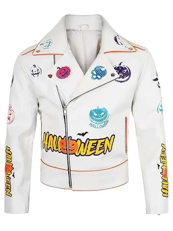 Halloween Pumpkin Asymmetrical White Leather Jacket