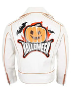 Halloween Pumpkin Asymmetrical White Leather Jacket