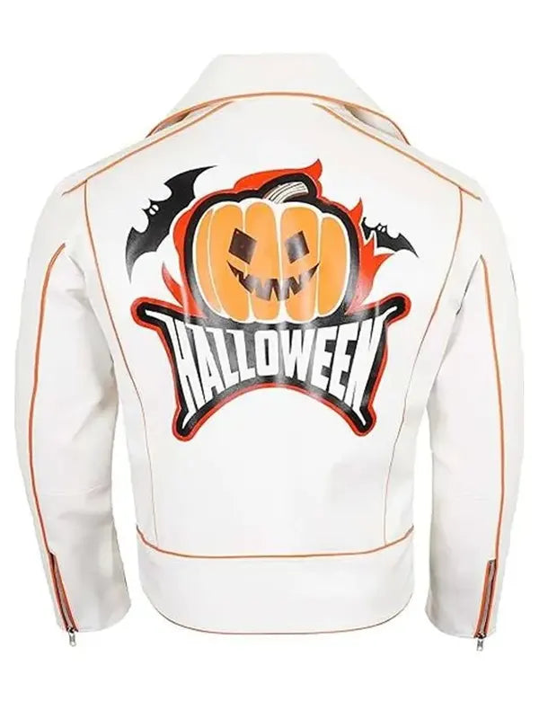 Halloween Pumpkin Asymmetrical White Leather Jacket