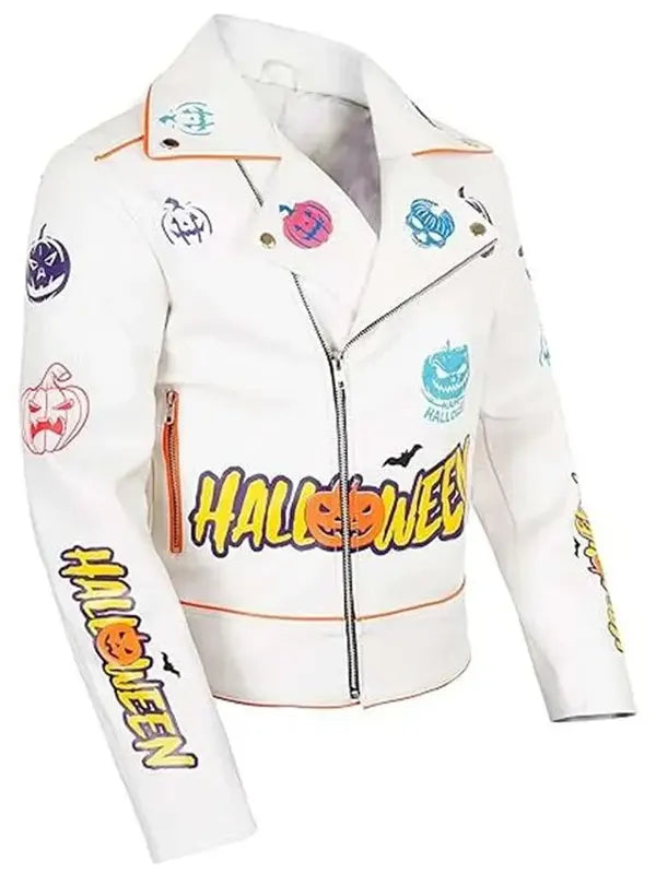 Halloween Pumpkin Asymmetrical White Leather Jacket