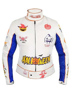 Halloween Pumpkin Printed White Leather Jacket