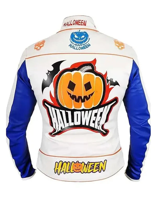 Halloween Pumpkin Printed White Leather Jacket