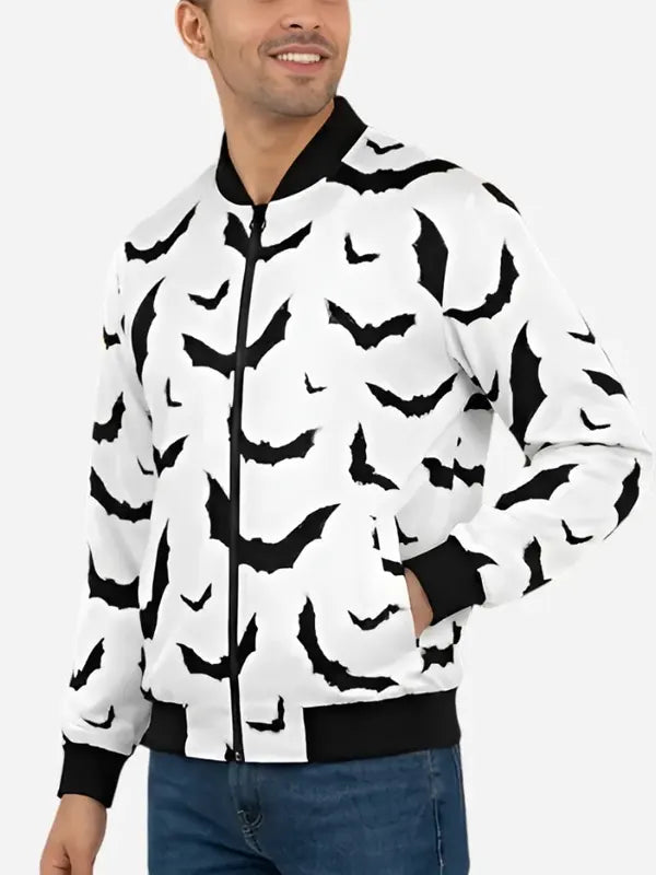 Halloween White & Black Bats Bomber Jacket