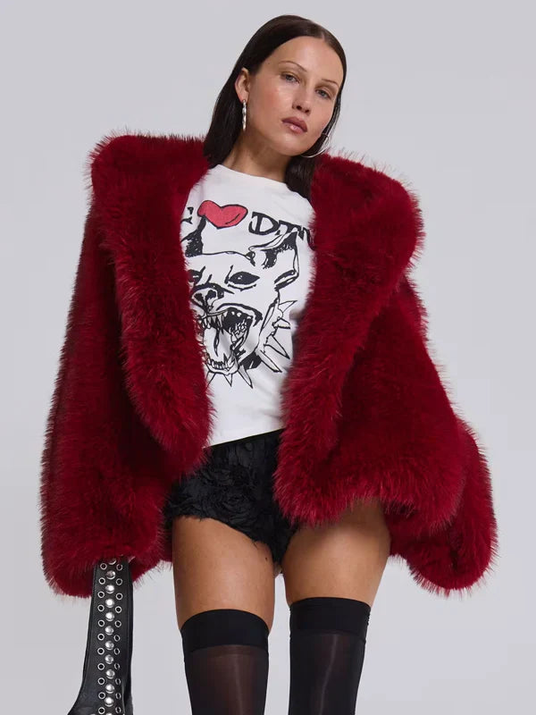Jaded London Mara Oversized Faux Fur Coat In Red