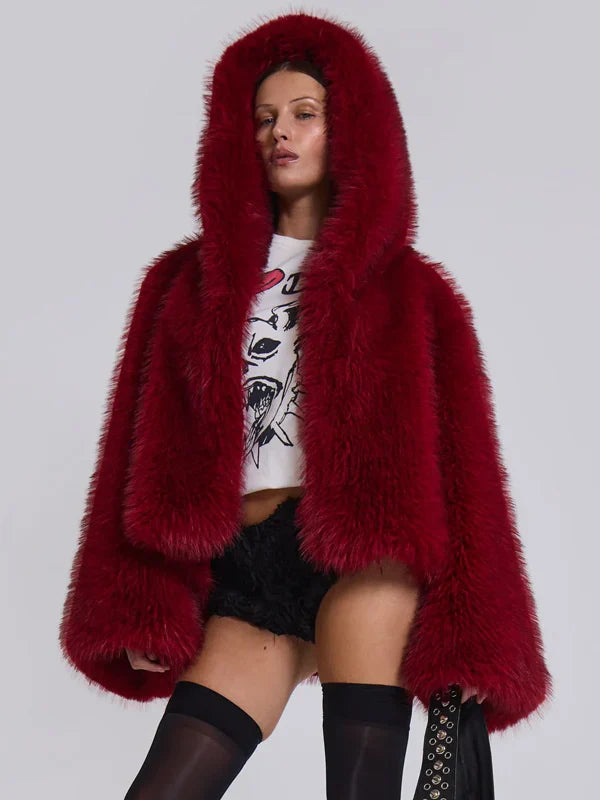 Jaded London Mara Oversized Faux Fur Coat In Red