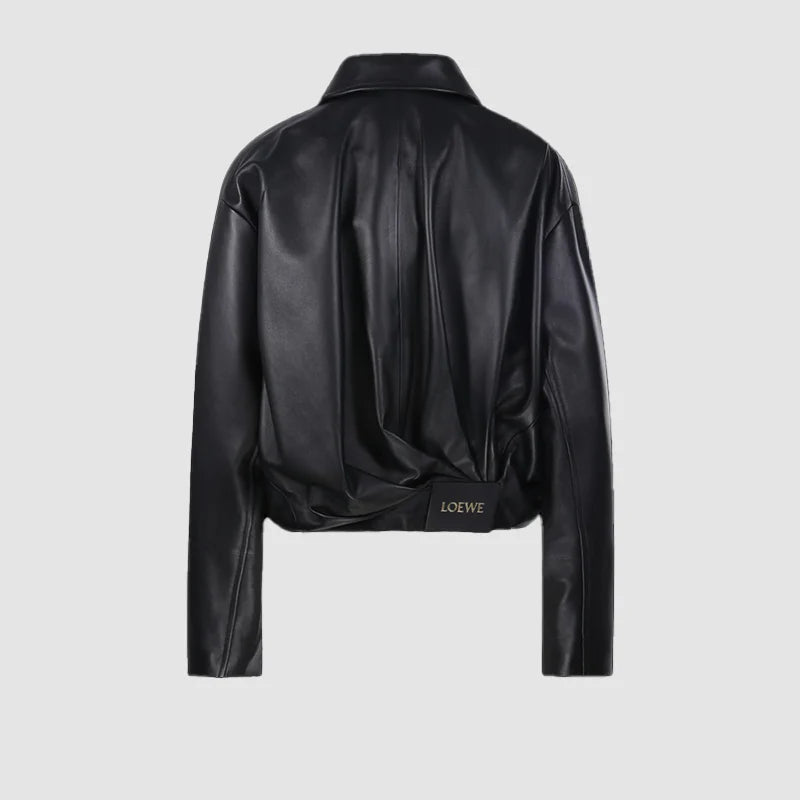 Loewe-Black-Lambskin-Draped-Leather-Jacket-For-Womens