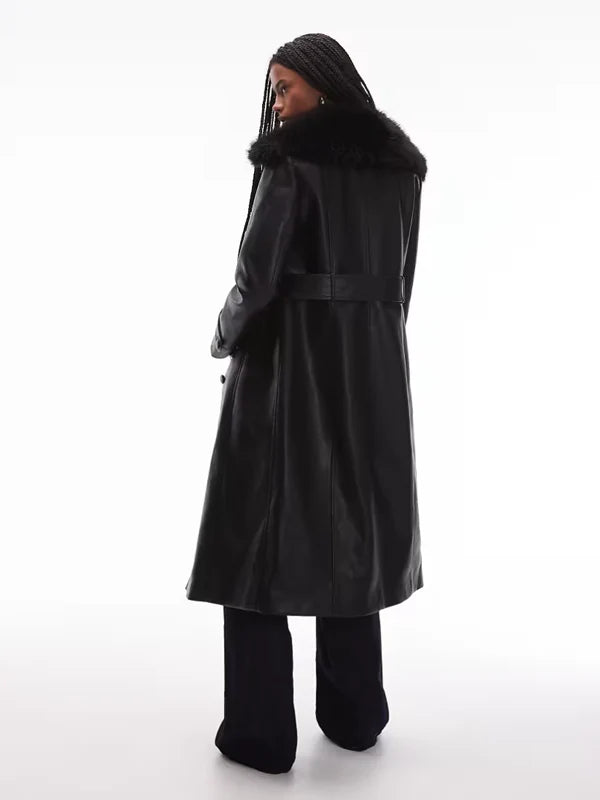 Mango-100-Leather-Faux-Fur-Collar-Trench-Coat-Black