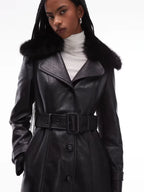 Mango-faux-fur-collar-faux-leather-trench-coat-in-black