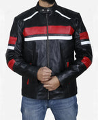 Med Red Striped Cafe Racer Biker Jacket