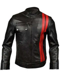 Men���s Black Classic Motorcycle Red Stripes Leather Jacket