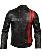 Men���s Black Classic Motorcycle Red Stripes Leather Jacket