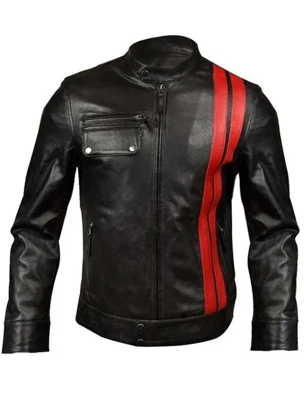 Men���s Black Classic Motorcycle Red Stripes Leather Jacket