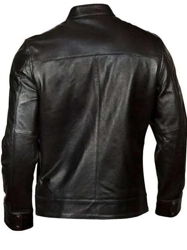 Men���s Black Classic Motorcycle Red Stripes Leather Jacket