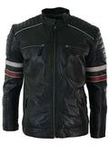Men���s Black Red & White Stripes Moto Leather Jacket