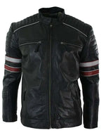 Men���s Black Red & White Stripes Moto Leather Jacket