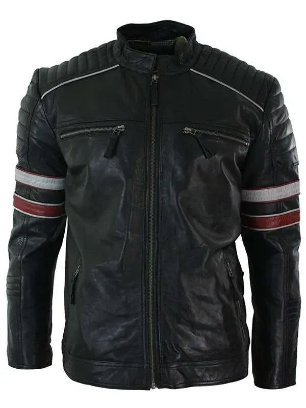 Men���s Black Red & White Stripes Moto Leather Jacket