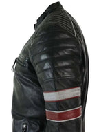 Men���s Black Red & White Stripes Moto Leather Jacket