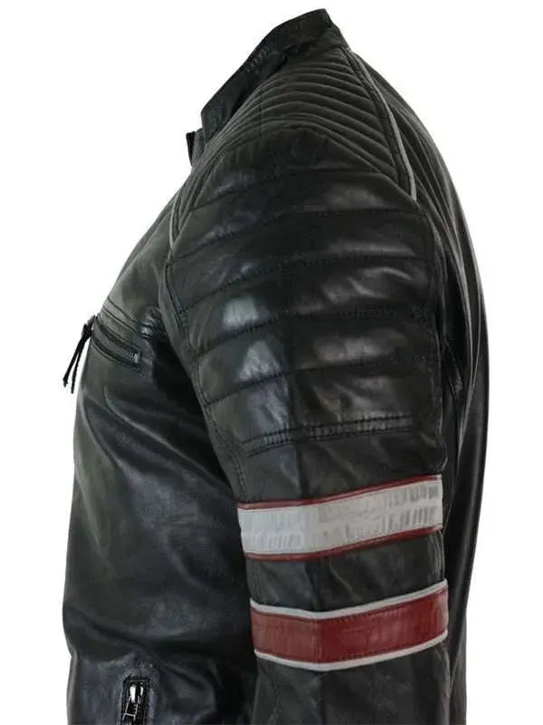Men���s Black Red & White Stripes Moto Leather Jacket