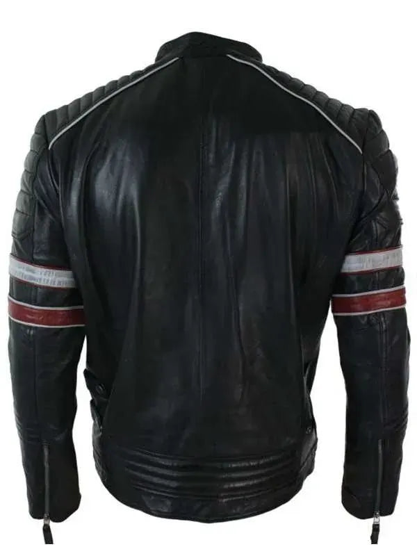 Men���s Black Red & White Stripes Moto Leather Jacket