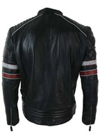 Men���s Black Red & White Stripes Moto Leather Jacket
