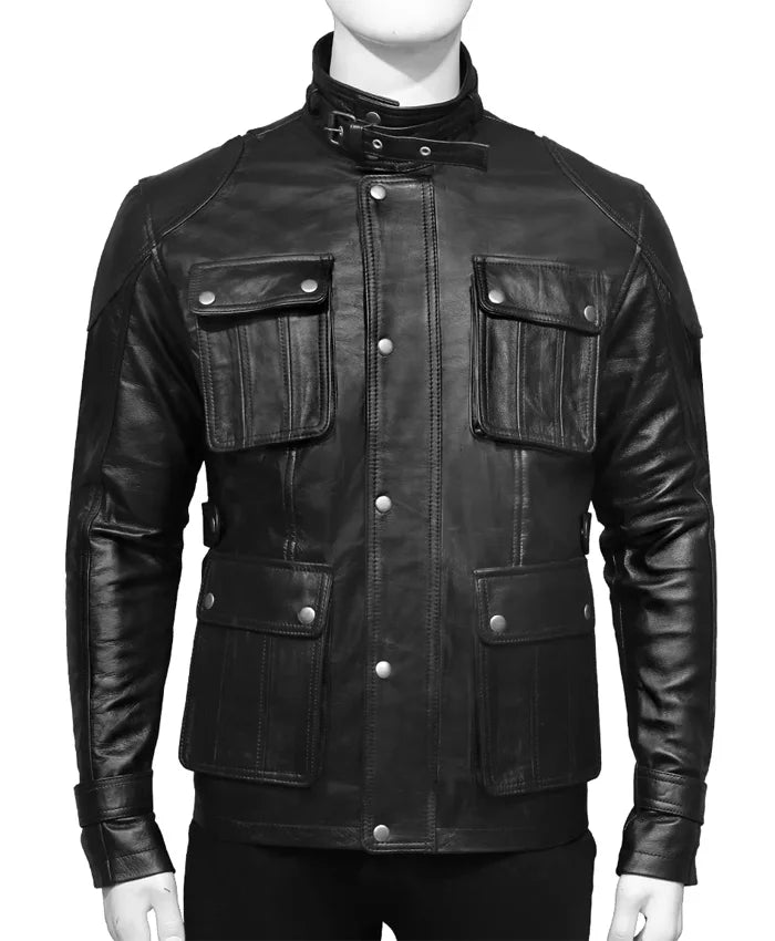 Men’s 4 Pockets Black Leather Jacket For Sale