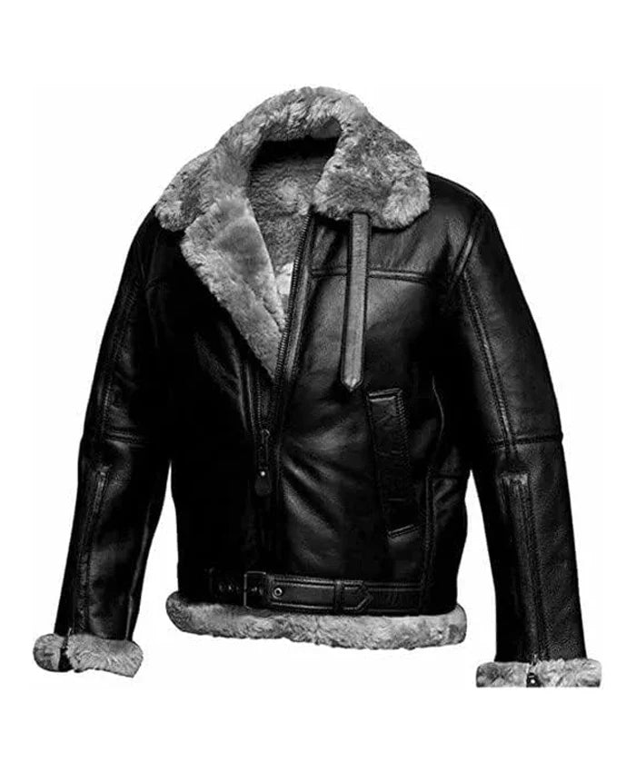 Mens Black RAF B3 Bomber Jacket Fur Collar For Men