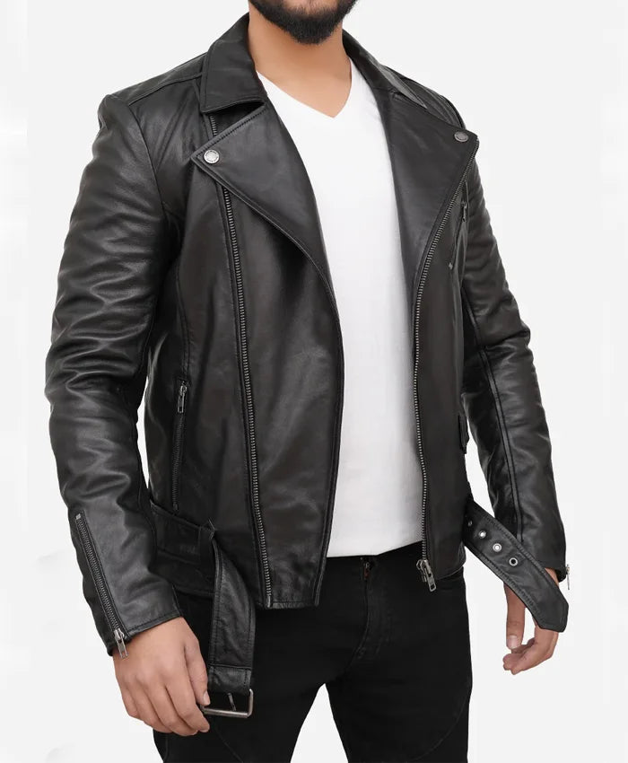 Men’s Black Real Leather Asymmetrical Biker Jacket For Men