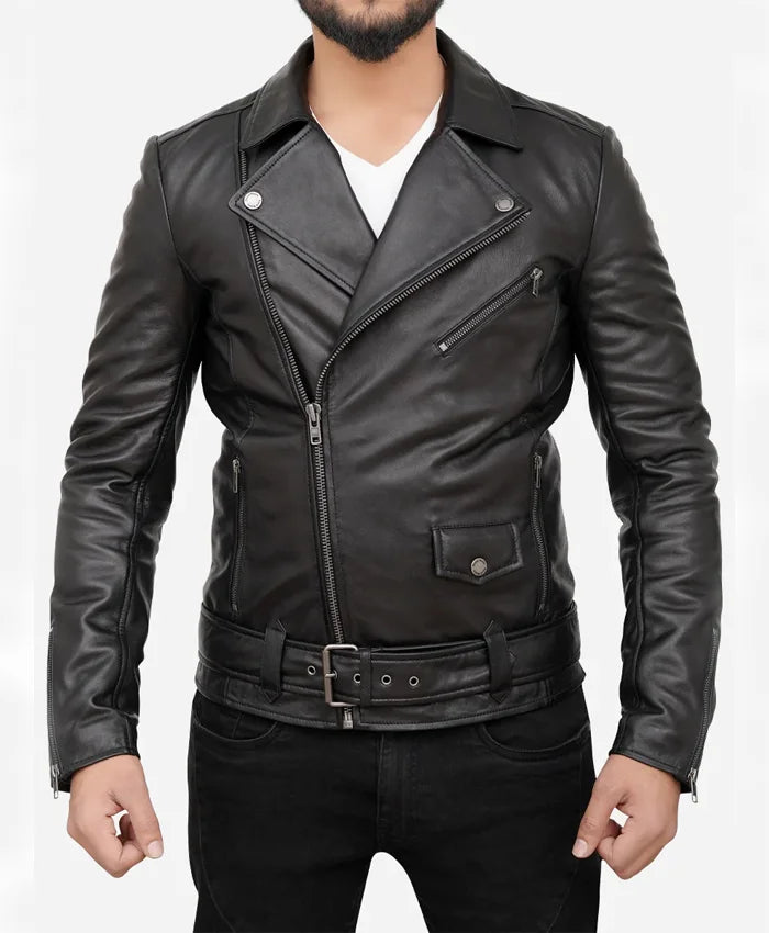Men’s Black Real Leather Asymmetrical Biker Jacket For Sale