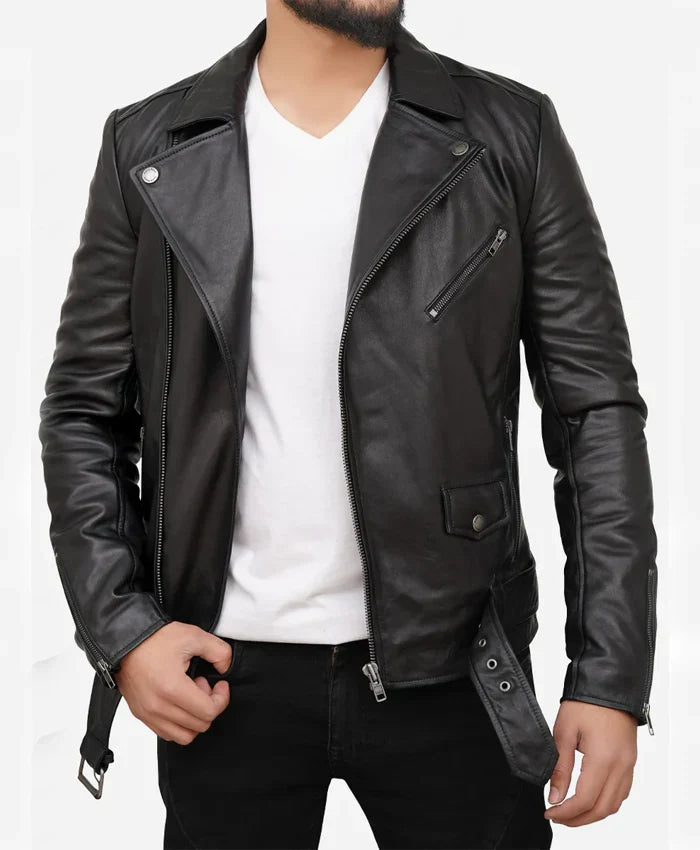 Men’s Black Real Leather Asymmetrical Biker Jacket