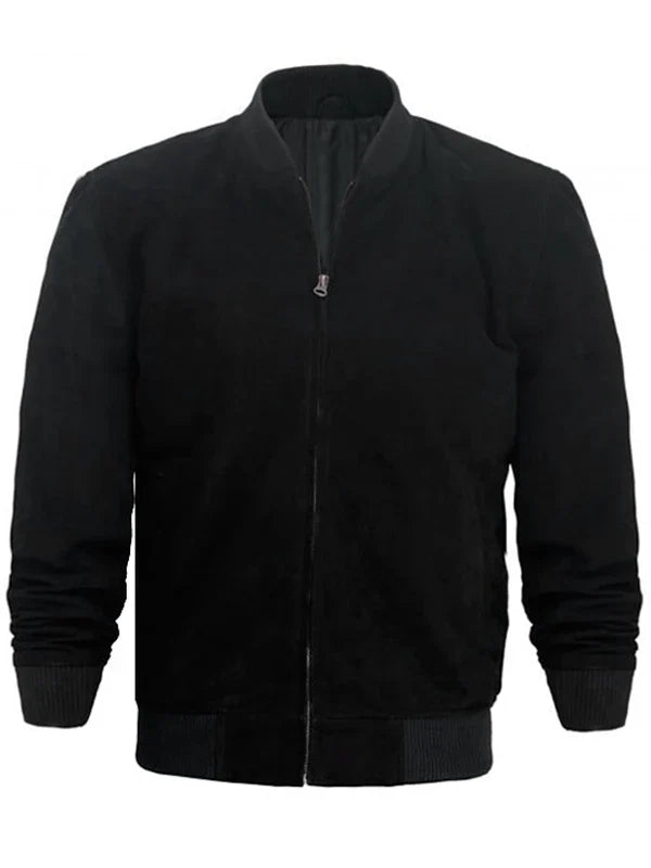 Mens Black Suede Leather Bomber Jacket