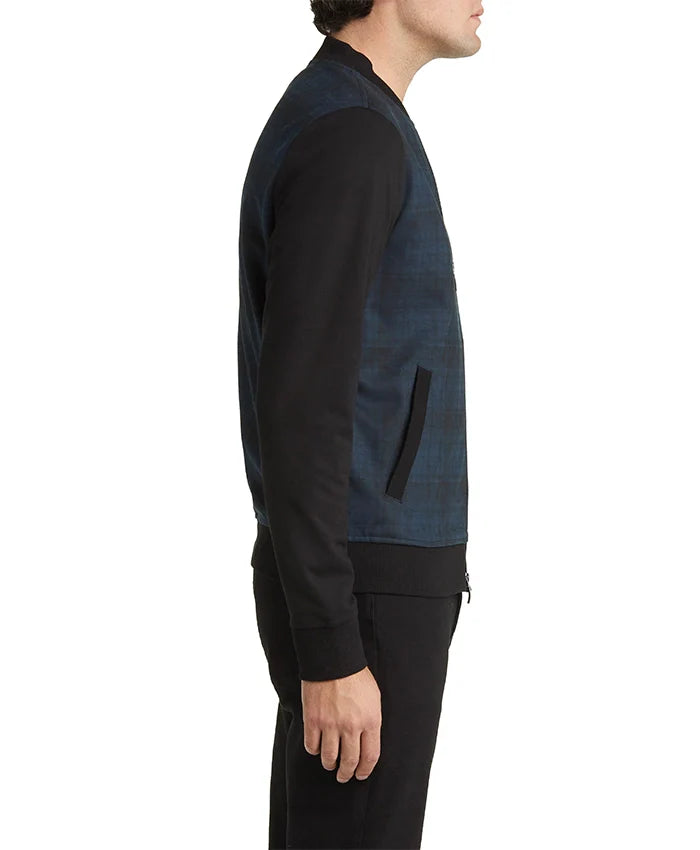 Men’s Blue Colorblock Plaid Bomber Jacket For Men