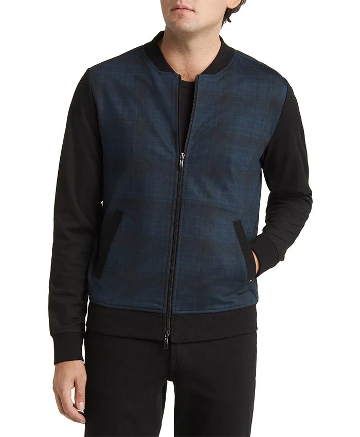 Men’s Blue Colorblock Plaid Bomber Jacket For Sale