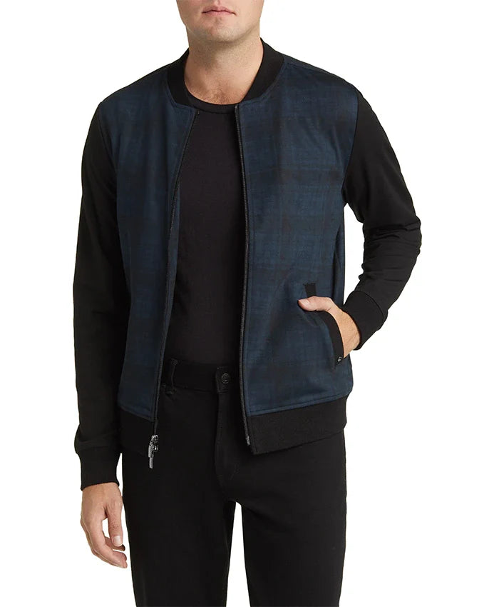 Men’s Blue Colorblock Plaid Bomber Jacket