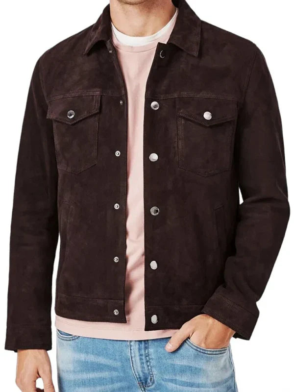 Men’s Dark Brown Suede Leather Trucker Jacket