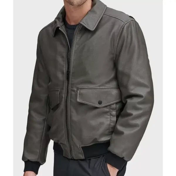 Mens-Grey-Leather-Bomber-Jacket