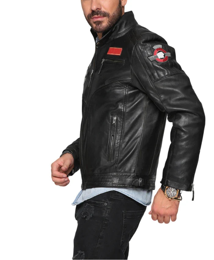 Men’s Patched Leather Cafe Racer Biker Jacket For Sale