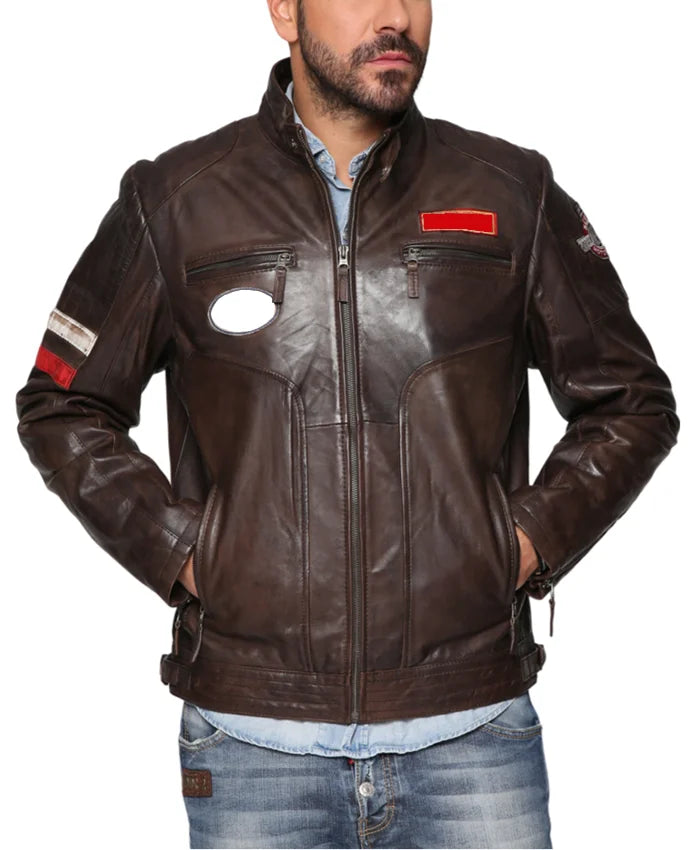 Mens Patched Leather Cafe Racer Biker Jacket