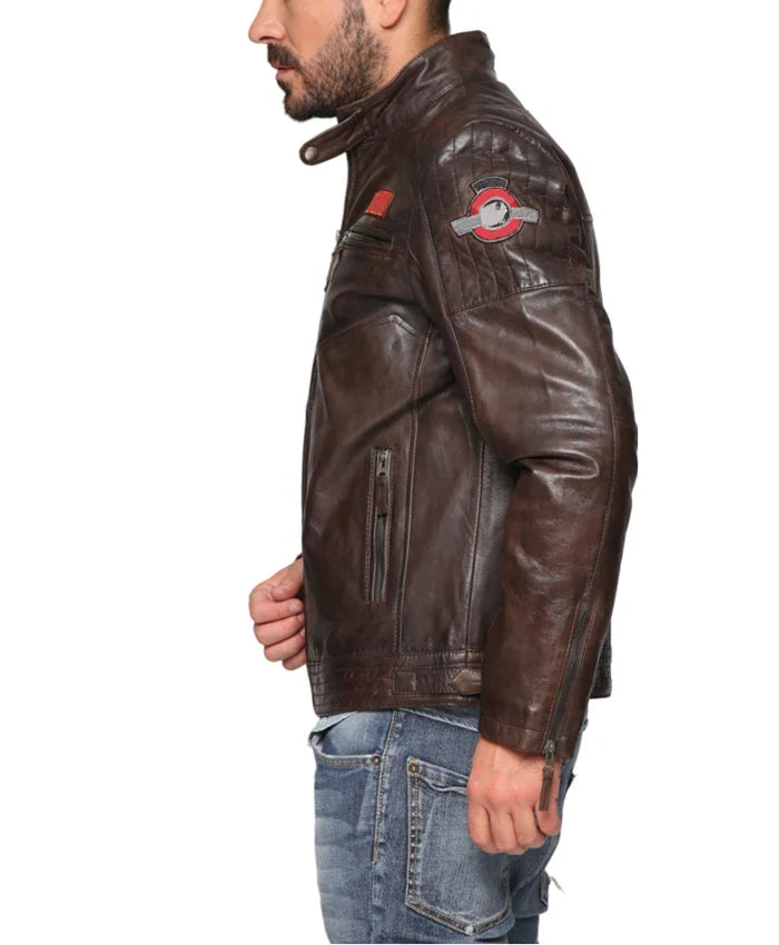 Men’s Patched Leather Cafe Racer Biker Jacket In USA